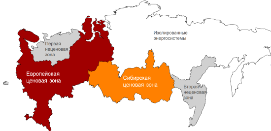 Карта ценовых зон оптового рынка электроэнергии России